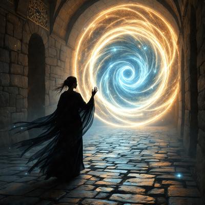The primary subject of the image is a woman dressed in a long black gown, standing in a dark room with a spiral pattern on the wall. The setting appears to be a stone-walled room, possibly a dungeon or a cave. The visual style of the image is a digital art or illustration, with the woman's gown and the spiral pattern on the wall being the main focus. The colors in the image are predominantly dark, with the woman's gown being the only bright element,